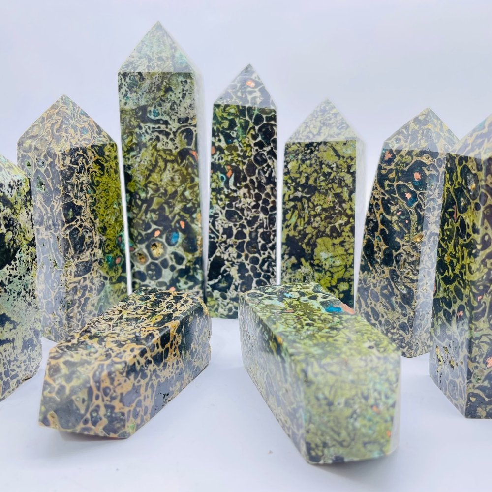 Green Dot Stone Mixed Natural Brass Four-Sided Tower Point Wholesale -Wholesale Crystals