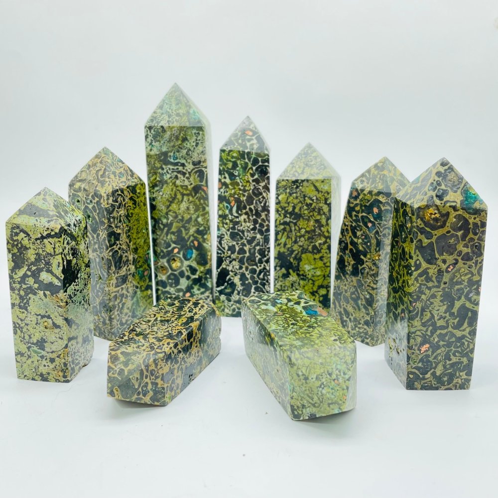 Green Dot Stone Mixed Natural Brass Four-Sided Tower Point Wholesale -Wholesale Crystals