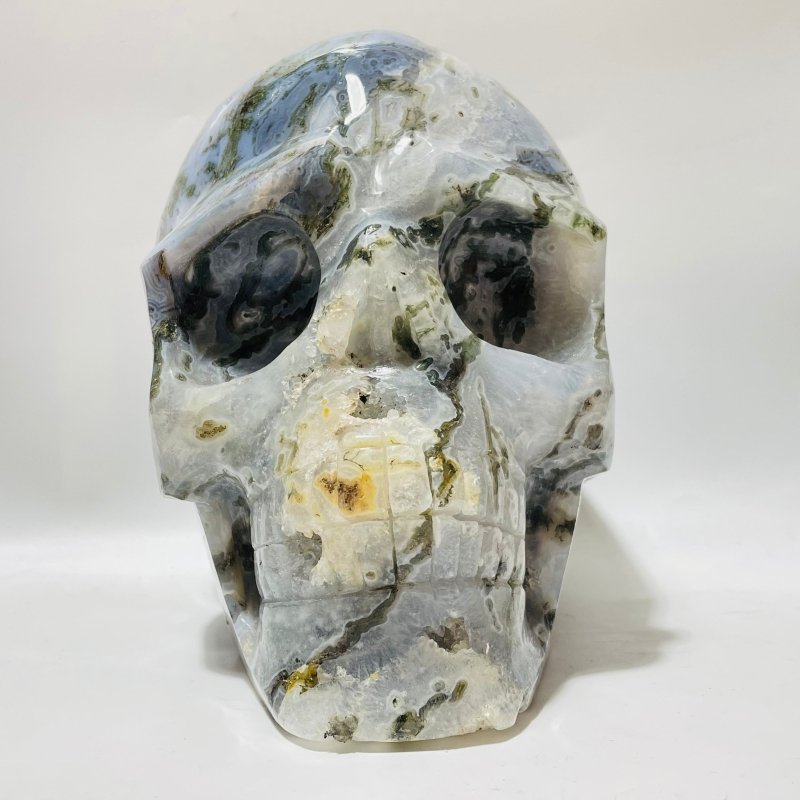 Large Geode Moss Agate Skull Carving -Wholesale Crystals