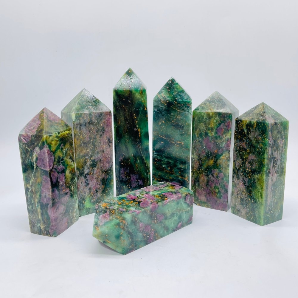 Ruby Mixed Green Mica Four-Sided Fat Tower Points Wholesale -Wholesale Crystals